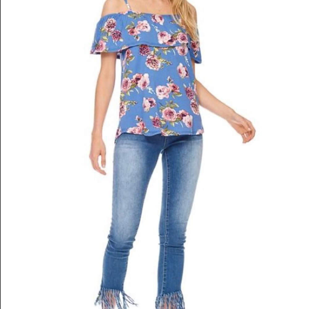 Spaghetti Strap Off Shoulder Floral Top in Blue - Picture 2 of 3